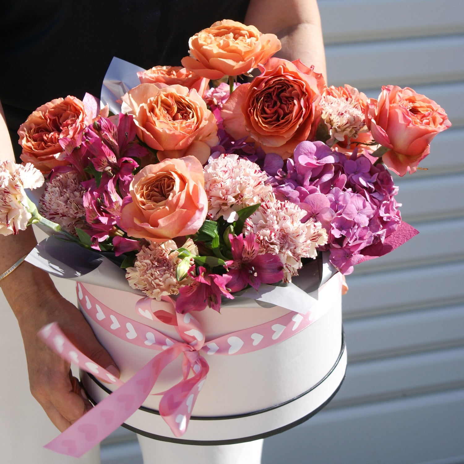 Roses, Hydrangea, Carnations, Freesia in Gift Box, Wrapped in Heart Ribbon